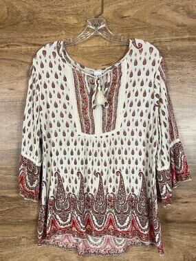 Bila White Paisley Boho Tunic Top Women Extra Large XL Rayon Bell Sleeve Tassel
